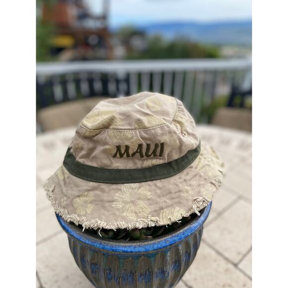 J Hats Bucket Hat Beige with Cream Floral Design Dark Green Band Frayed Edge - Picture 1 of 6